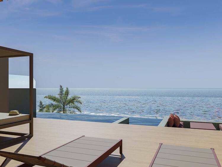 Open air terrace looking out toward the Caribbean ocean in Cancun