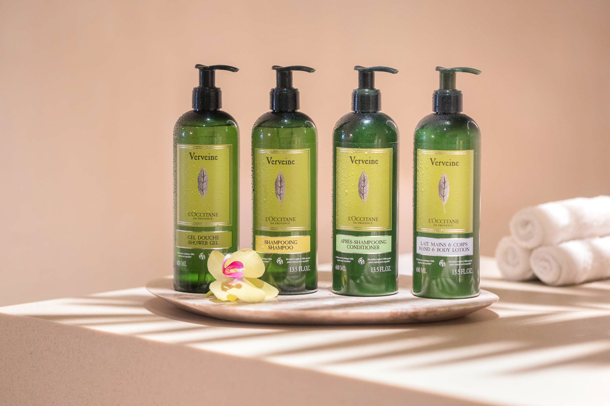 In suite shampoo bottles